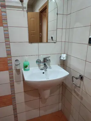 a bathroom with a sink and a mirror at Гардън Бийч - НЕДЯЛКОВИ in Sozopol