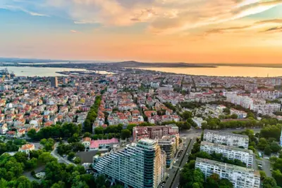 an aerial view of a city at sunset at Marina Sands Bijou Boutique is an excellent choice for travelers visiting Obzor in Obzor