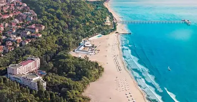 an aerial view of a beach and the ocean at Salt Lake ApartHotel in Pomorie