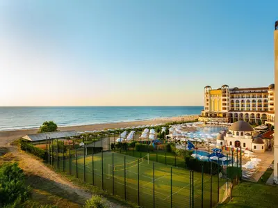 an aerial view of a resort and the beach at Alua Helios Bay - All Inclusive in Obzor