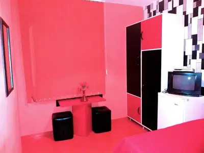 a pink room with a tv and a red wall at APARTMENT LEO 2 in Varna City