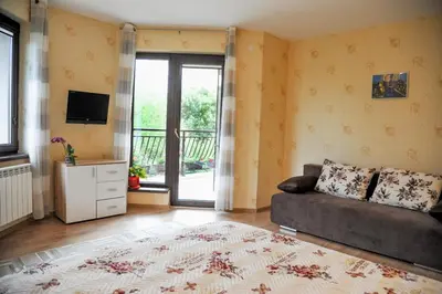 a living room with a couch and a sliding glass door at Къща за гости АКАЦИЯ in Ravna Gora