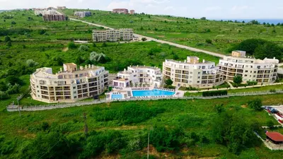 an aerial view of buildings on a hill at Byala Panorama Resort in Byala