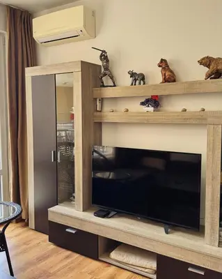 a living room with a entertainment center with a flat screen tv at Marina Bay Apart Saint Vlas in Sveti Vlas