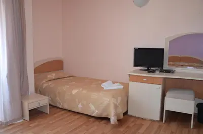 a bedroom with a bed and a desk with a television at Sania in Obzor