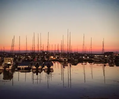 a group of boats docked in a marina at sunset at Tony Guest House in Sozopol