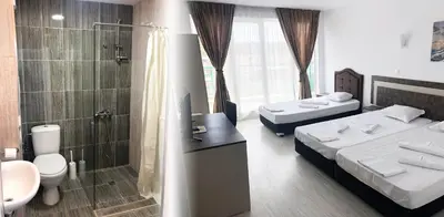 a bedroom with two beds and a bathroom with a shower at Hotel Pacific Palma in Sunny Beach
