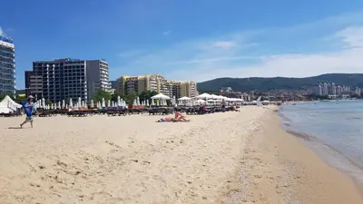 a beach with people laying on the sand and buildings at Курортно студио in Sunny Beach