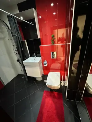 a bathroom with a white toilet and a red wall at Apartment in Varna City