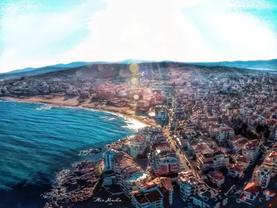 an aerial view of a beach with a city at Sozopol Dreams apartman 42 in Sozopol