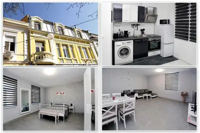 three different views of a kitchen and a living room at Lux Apartment 