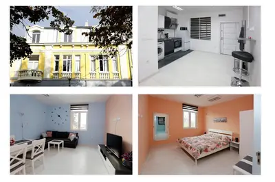 three different views of a living room and a kitchen at Lux Apartment 
