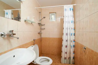a bathroom with a sink and a toilet and a shower at BulgariaVilla - Villa Amber in Bryastovets
