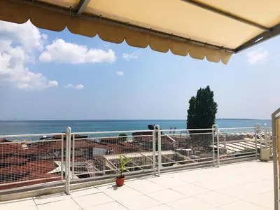 a view of the beach from the balcony of a resort at Hotel Largo Beach in Sunny Beach