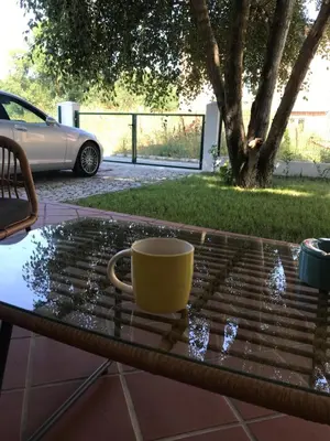 a coffee cup sitting on a table with water on it at Villa Oasis етаж1 in Lozenets