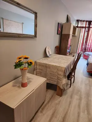 a room with a table and a vase of flowers on a table at Студио Релакс, Ахелой in Aheloy