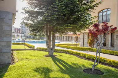 two trees in the grass in front of a building at Sunny apartment in a complex with a POOL and GYM by Flаt Manаger in Sunny Beach