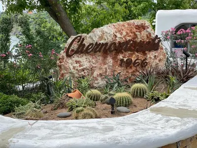 a cactus garden with a large rock and a sign at Provence Deluxe Apartment in Atia Resort in Chernomorets