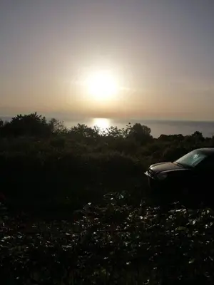 a car parked in a field with the sunset in the background at Byala-apartment-valmira in Byala