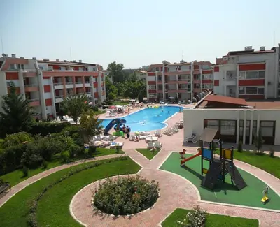 a view of a swimming pool in a resort at Sunny Fort Private Apartment in Sunny Beach