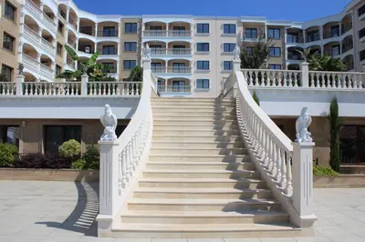 a flight of stairs in front of a building at Valencia Gardens Luxury Studios in Nesebar