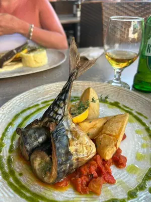 a plate of food with seafood on a table with a glass of wine at Pollo Resort, Summer Wind Apartaments in Sunny Beach