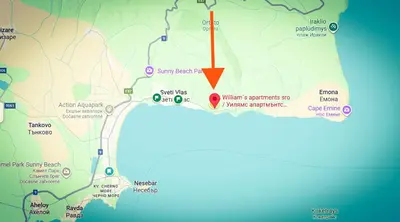 a map of santa fe with a red arrow at William's apartments - third special studio in Sveti Vlas