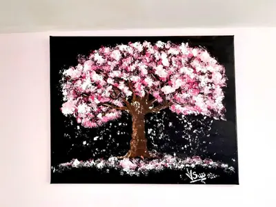 a painting of a tree with pink flowers at Top floor apartment in the Center of Pomorie in Pomorie