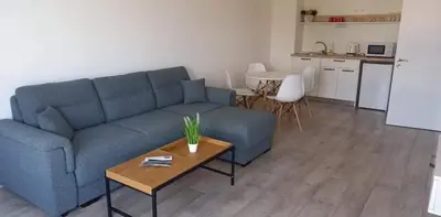 a living room with a blue couch and a table at Апартаменти за гости 