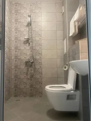 a bathroom with a shower and a toilet and a sink at Апартаменти за гости 