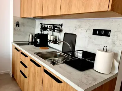 a kitchen with a sink and a dish drying rack at Studio Greenn Life Beach Resort in Sozopol