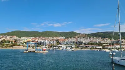 a view of a harbor with boats in the water at Sun Wave Apartament in Sveti Vlas