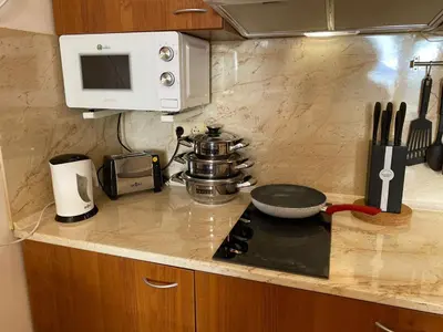 a kitchen counter with a stove and a microwave at Midia Grand Resort, Terrassen Paradies Apartment in Aheloy
