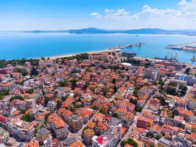 an aerial view of a city next to the water at Marina Sands Bijou Boutique - Amazing views in Obzor