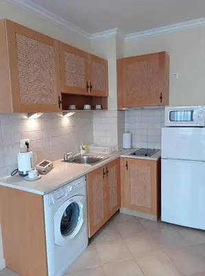 a kitchen with a washing machine and a sink at Lilia Sun Apartment in Sozopol