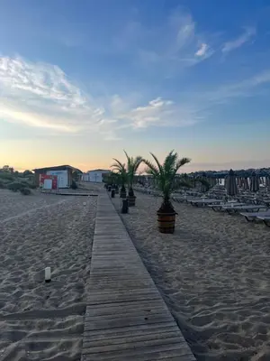 a boardwalk on a beach with palm trees on it at Luxury Private Apartment near Green Life Resort in Sozopol