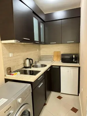 a small kitchen with a sink and a washing machine at Студио Бургас 2 in Burgas City