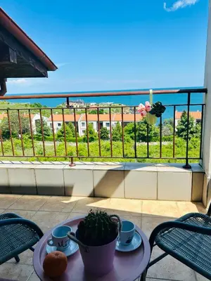 a table with a plant on a balcony with a view at Sunrise place Eva in Sozopol