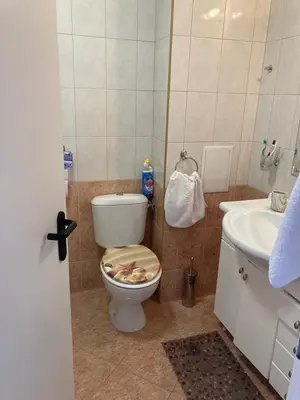 a bathroom with a toilet and a sink at Art studio Marina Cape-private host in Ravda