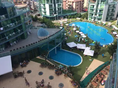an overhead view of a swimming pool in a city at 405 ul Rakovina,entrance E, 4 floor in Primorsko