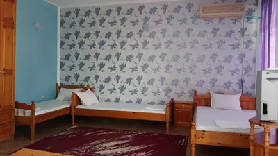 a room with two beds and a wall with a wallpaper at Вила Синя Иглика in Kosharitsa