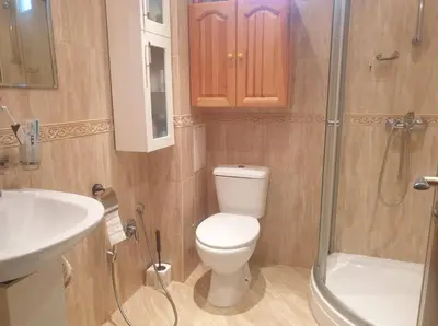a bathroom with a toilet and a sink and a shower at Seaside 1-BR Apartment with Pool Access in Byala