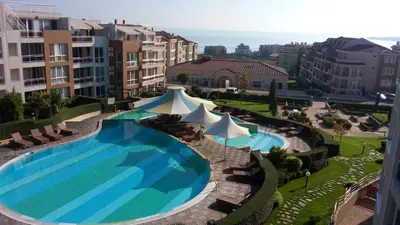 an overhead view of a swimming pool at a resort at Studio B28 Sunny Island Chernomorez in Chernomorets