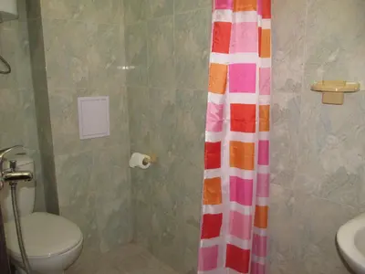 a bathroom with a toilet and a shower curtain at Apartments and studios in Cote d’Azure in Sunny Beach