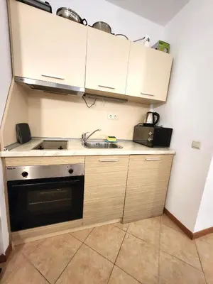 a small kitchen with a sink and a stove at One bedroom guest suite in Sunny Beach