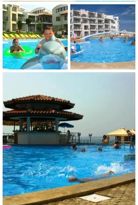 a collage of three pictures of a swimming pool at Luxsus Apartment Diamond Sveti Vlas in Sveti Vlas