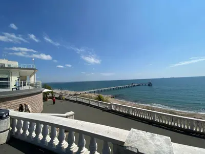 a view of the ocean and a pier at Markoni 4 in Burgas City