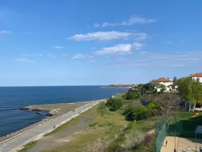 a view of a beach and the ocean at PARADISO 'B' 605 Private Apartment Nessebar in Nesebar