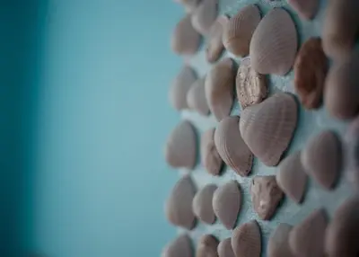 a wall covered in seashells on a wall at One-bedroom Flat Close to the Sea Garden by Flat Mаnаger in Burgas City