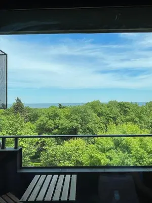 a view from a window of a forest at Sea Scenery Apartment in Burgas City